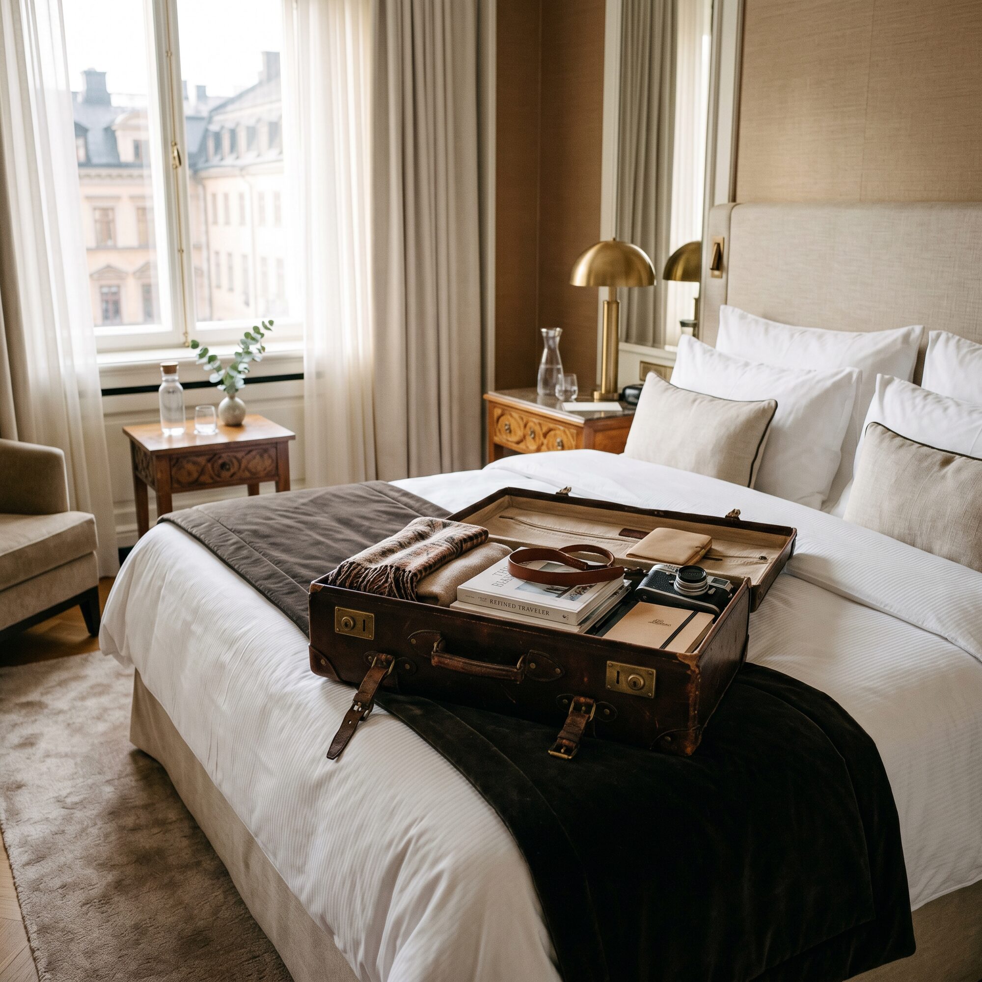 Open leather suitcase on a made bed in a quiet hotel room