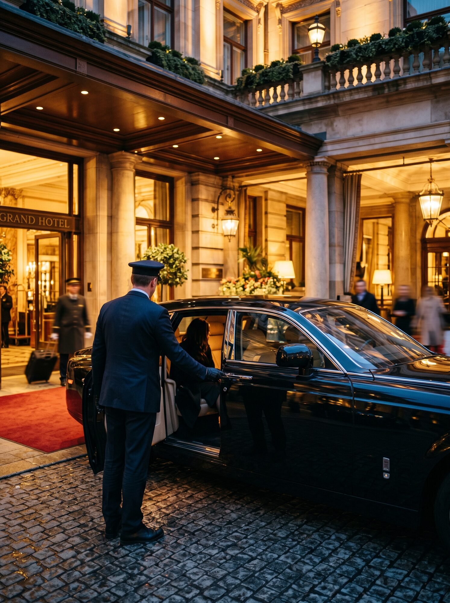 Chauffeur holding a car door outside a grand hotel at dusk