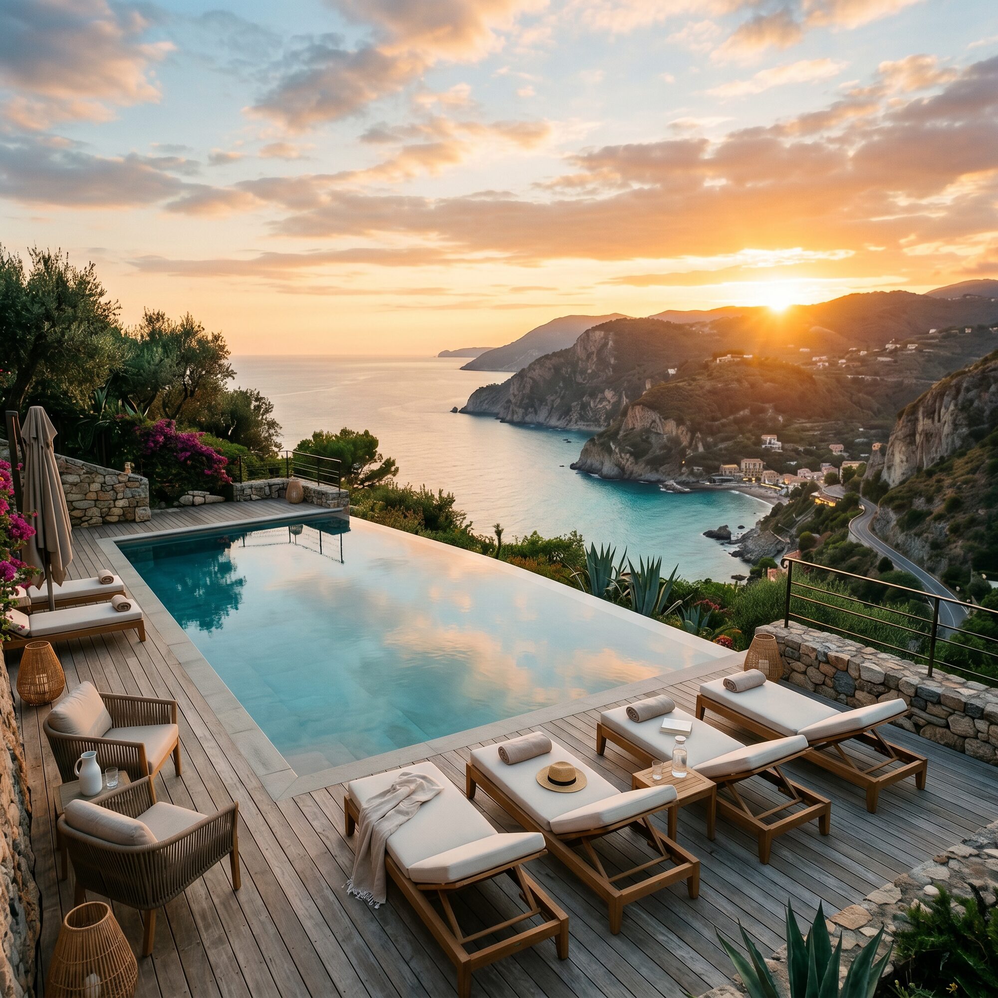 Private villa pool overlooking a coastline at golden hour