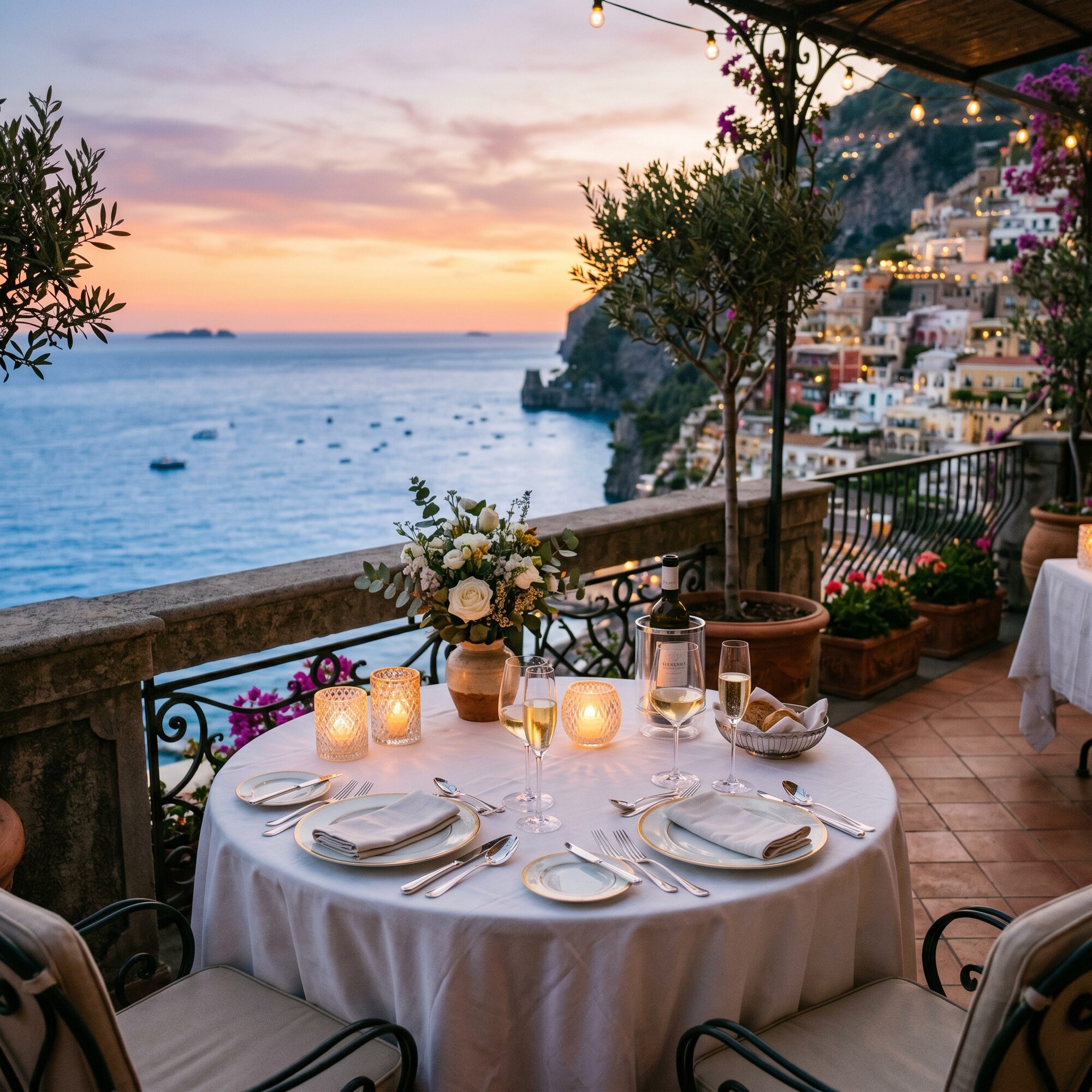 Candlelit table for two on a coastal terrace at dusk