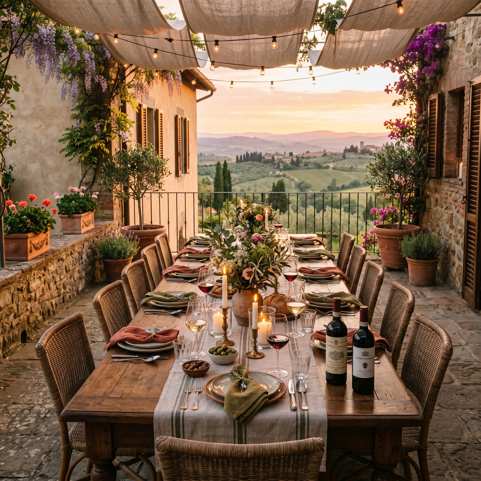 Long set table on a terrace over rolling countryside